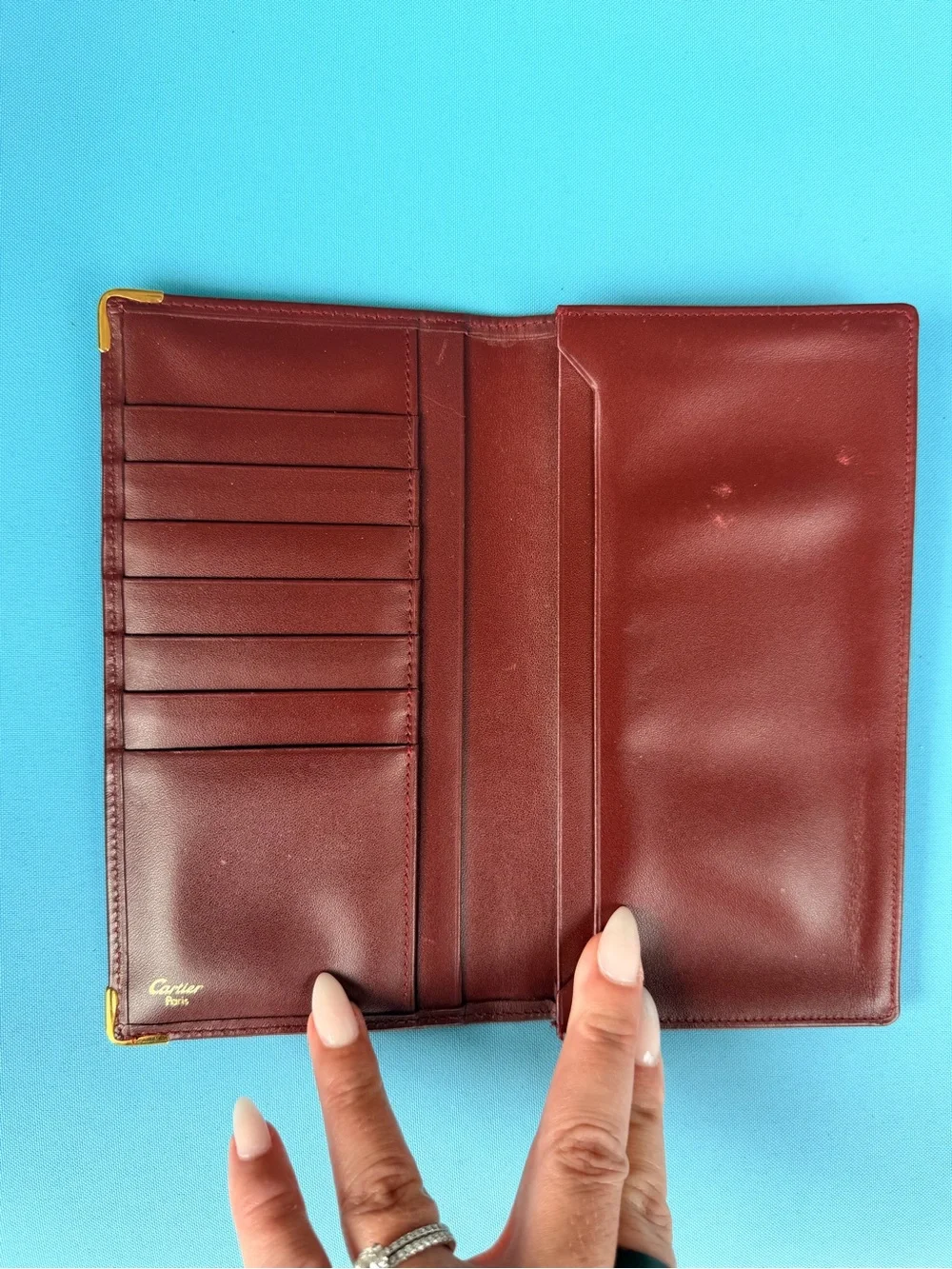 Cartier vintage Leather Long Wallet - Burgundy with Gold Accents AUTHENTIC